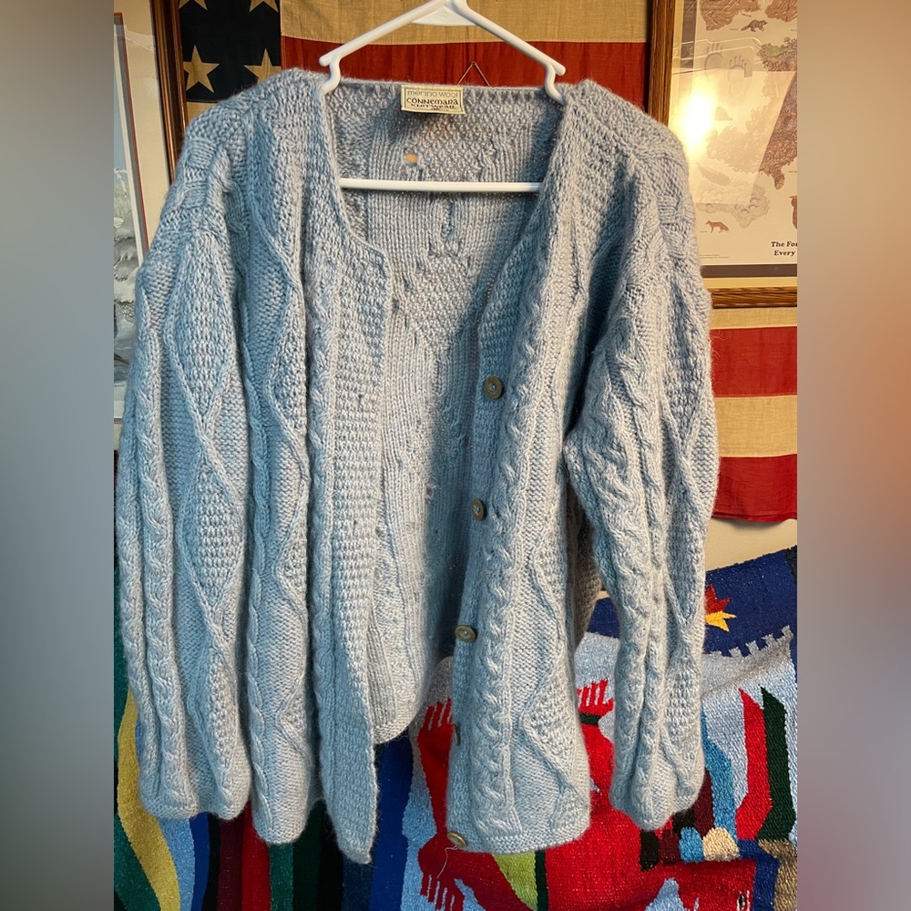 🧶 Connemara Knitwear Ireland Merino Wool Aran Cardigan | XL Light Blue